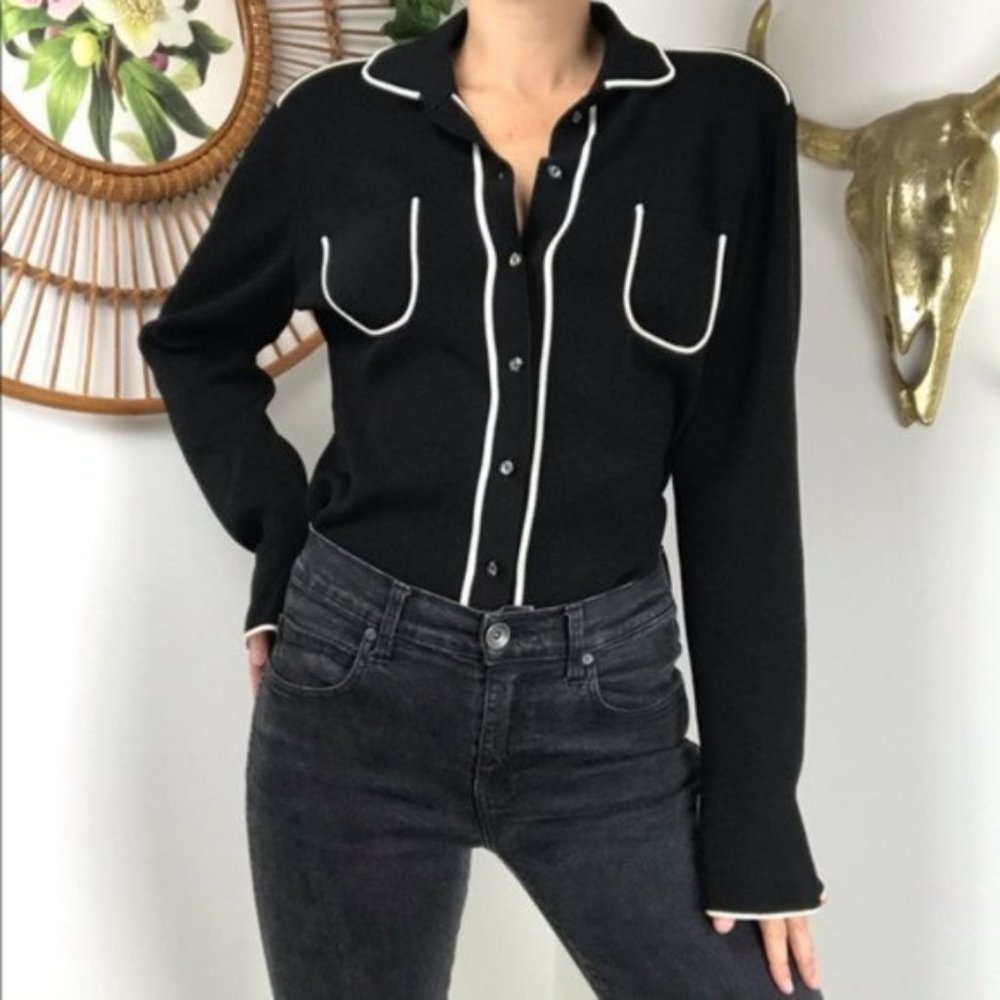 BCBGMaxazria Black Button Down Flare Sleeve Top